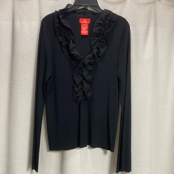 Oscar de La Renta VTG top Size XL Black v Neck ruffle w bell sleeves Evening - Picture 1 of 7